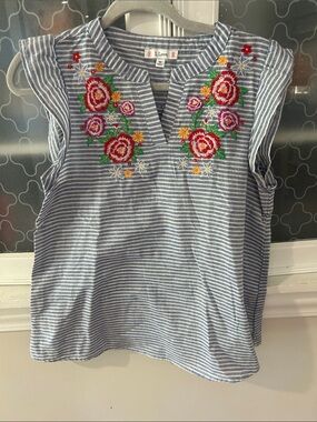 L Love Blue & White Striped Sleeveless Top with Floral Embroidery